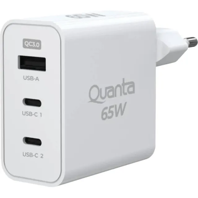 Carregador de Parede Quanta QTCRP65 com USB-A QC3,0 USB-C de 65W – Branco