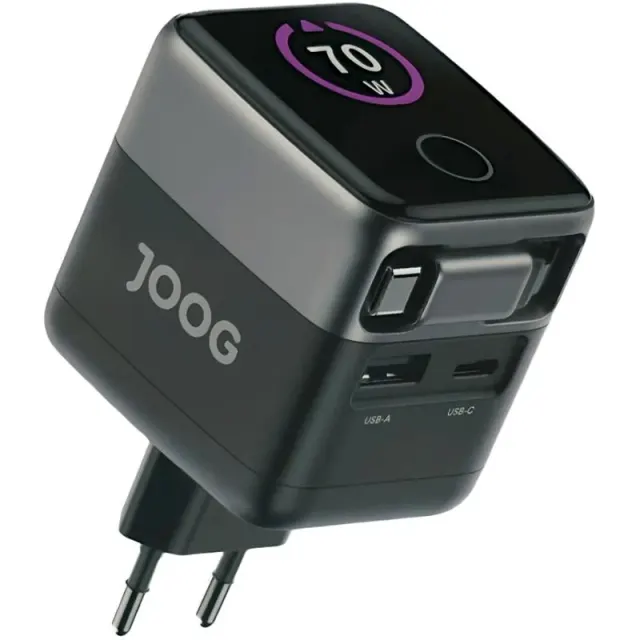 Carregador de Parede Joog PD Charger VC70C 70W UltraFast USB-A+USB-C+cabo USB-C retrátil